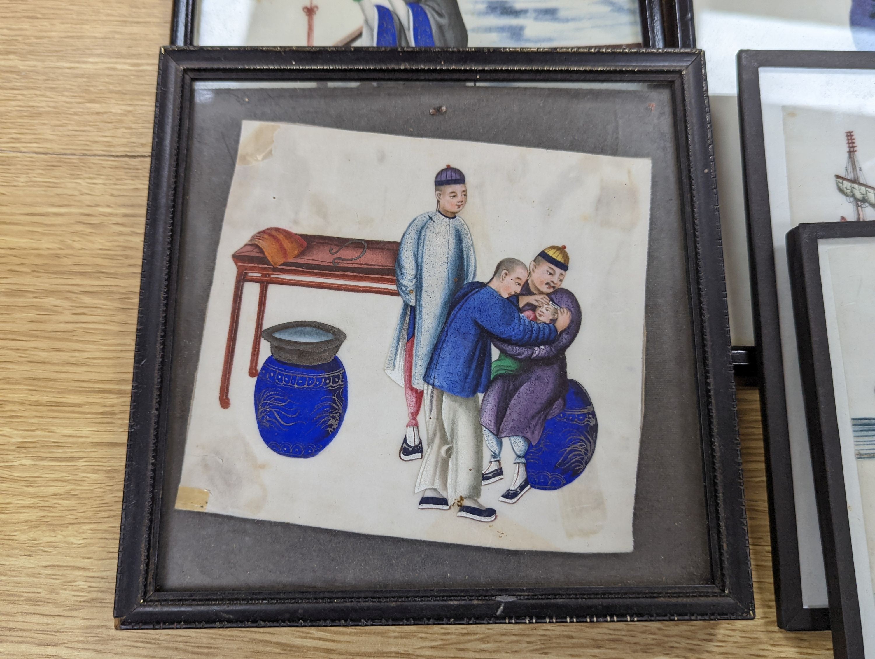Eight assorted Chinese gouache on pith paper, Studies of figures and junks, largest 27 x 17cm